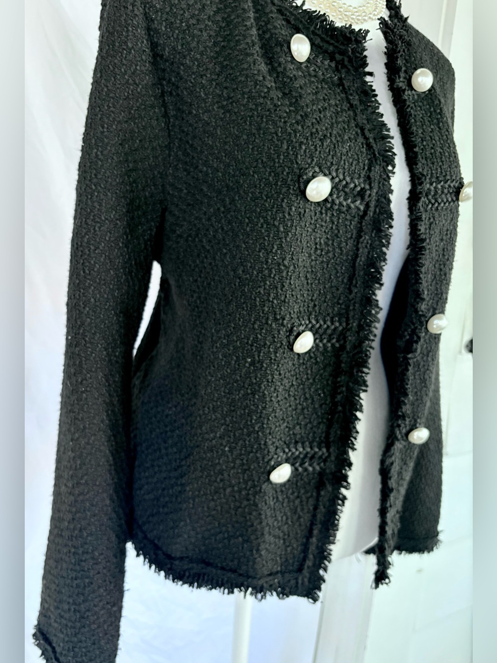 Black Tweed Fringed Pearl Button Crop Cardigan Jacket Plus XXL - Picture 2 of 6